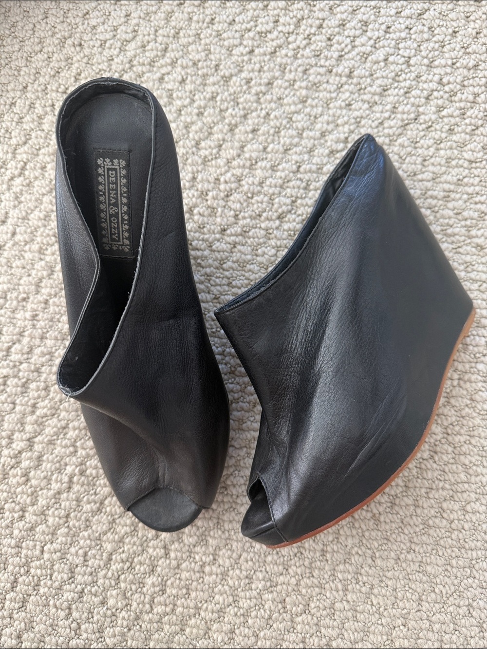 Black Leather Peep-Toe Wedge Mules
